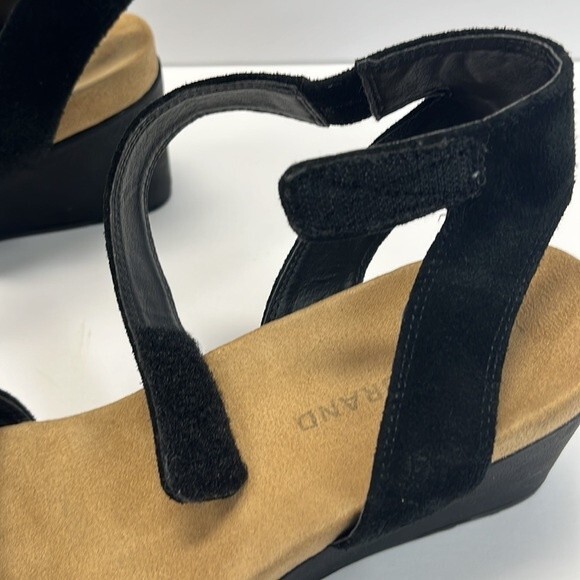 Lucky Brand Kanoa Sandals 7.5 Womens Black Tan Wedge Strappy Leather Open Toe - Picture 10 of 15